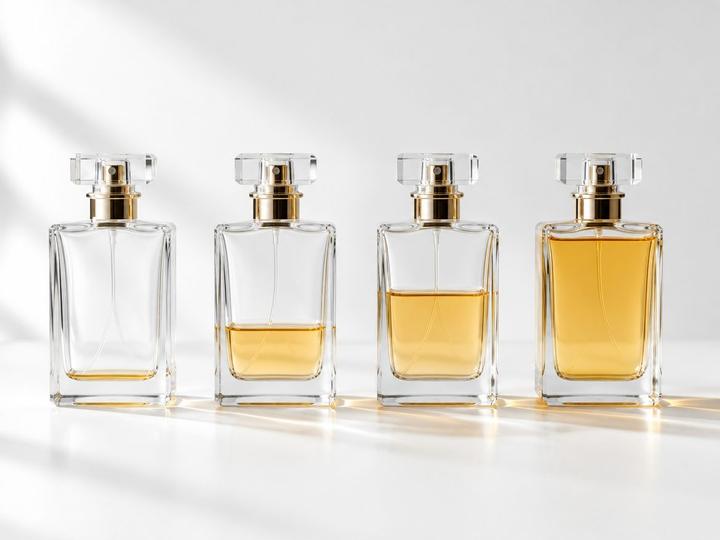 Four unbranded perfume bottles filled to rising levels, from almost empty to nearly full