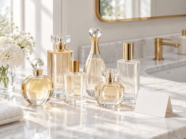 Unbranded perfume bottles of different shapes on a marble vanity