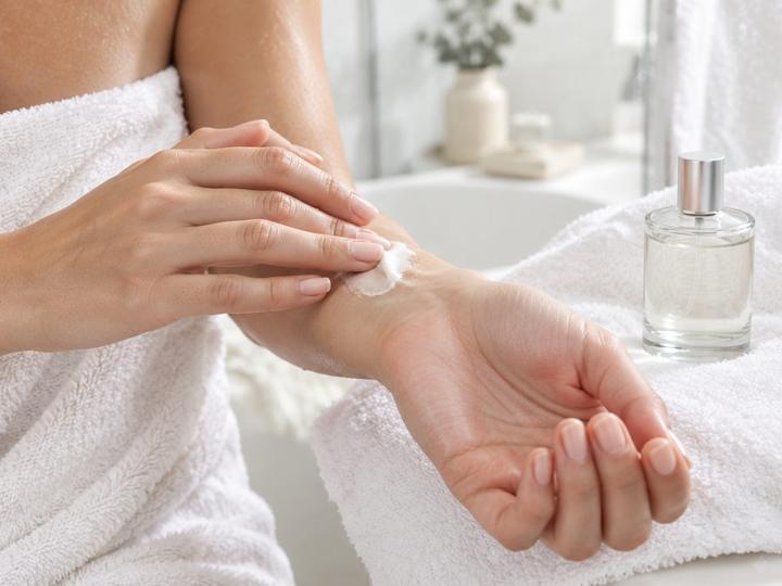 Moisturiser being applied to the inside of a wrist before perfume