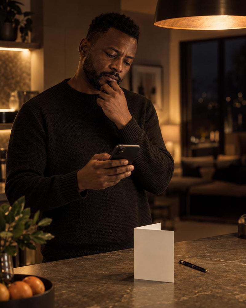 Someone at a kitchen counter at night with a phone and a blank birthday card