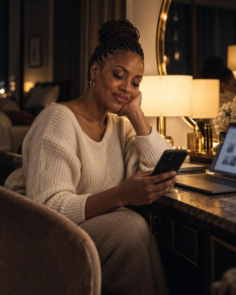 A woman at her dressing table at night looks at her phone