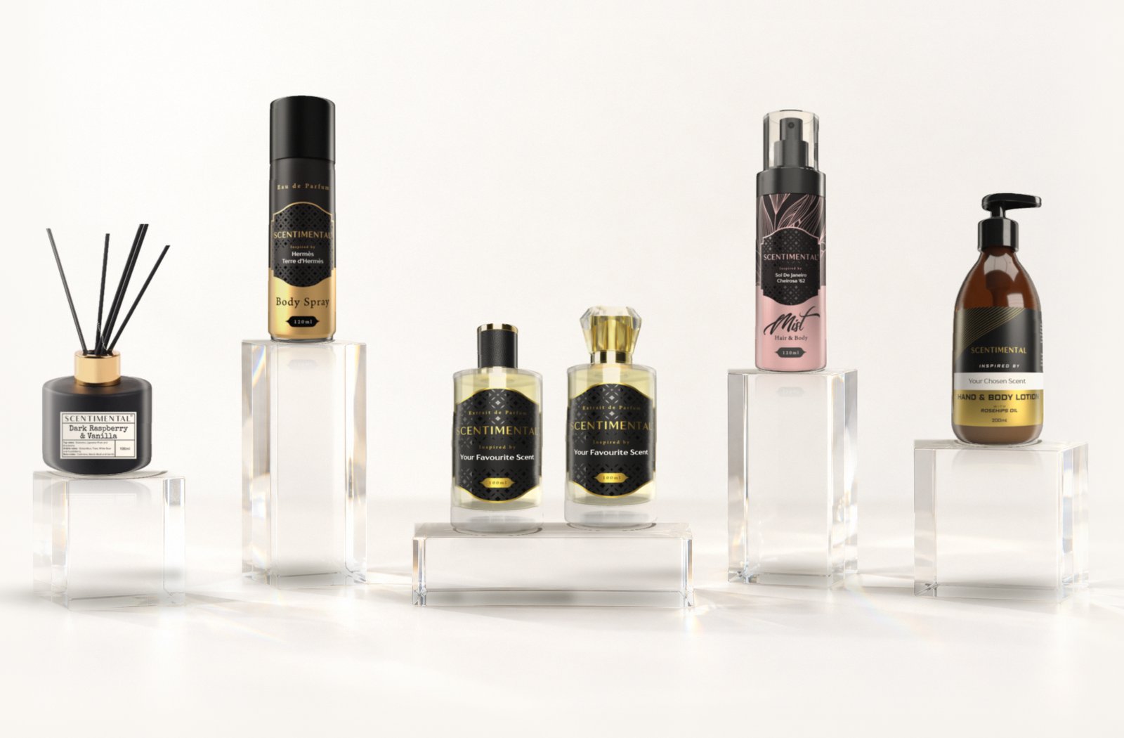 The Scentimental range: reed diffuser, body spray, men's and women's perfume, hair and body mist, and hand and body lotion