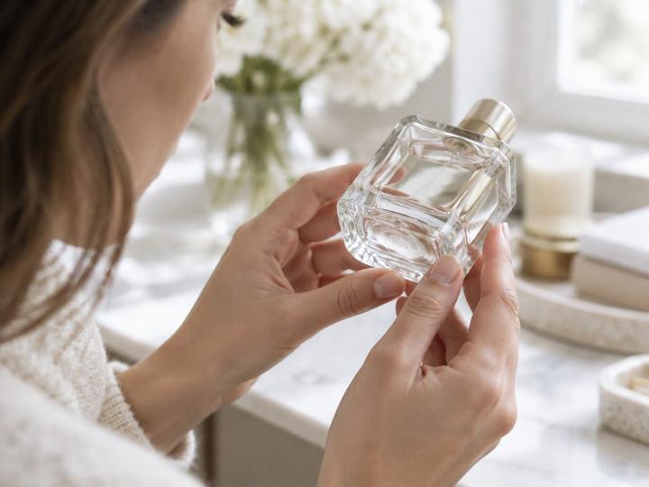 A hand turning an unbranded perfume bottle to read the small print